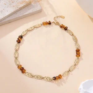 Collier Ambre Royale – Maillons dorés & perles caramel