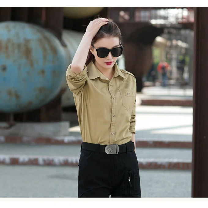 Chemise militaire à manches longues en coton pour femme – Image 2