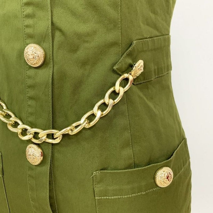 Robe sans manches kaki chaîne dorée de style militaire – Image 3