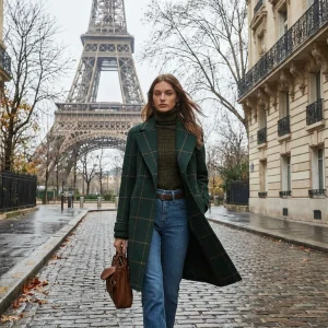 TACHMIYA, Manteau à carreaux mi-longue, col à revers élégant.