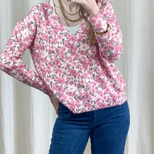 Pull Nadia - Pull imprimé fleurs rose