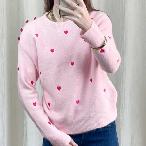 Pull Manon - Pull rose avec coeurs rouges