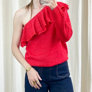 Pull Marjolaine – Pull rouge à volant asymétrique