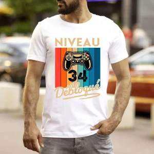 T-shirt Homme Niveau 34 Débloqué - Cadeau Parfait Anniversaire 34 Ans - L240522S01_34