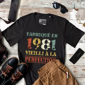 Lebonshirt® T-shirt Premium Homme, Cadeau Anniversaire 1981 Fabriqué En 1981 Vieilli A La Perfection, Style Rétro Vintage - L040222S81