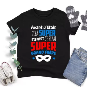 Lebonshirt® T-shirt Premium Enfant 100% Coton Bio - Avant J'étais Déjà Super, Bientôt Je Serai Super Grand Frère - L270422S18