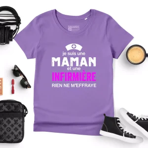 Lebonshirt® T-shirt Premium Femme 100% Coton Bio - Je Suis Une Maman Et Une Infirmière, Rien Ne m'Effraye - L220422S19
