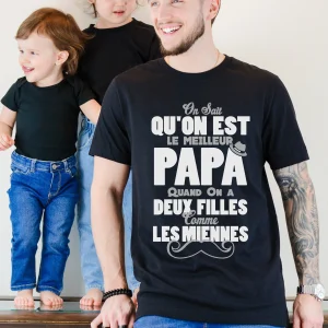 Lebonshirt® T-shirt Premium Homme Coton Bio - On Est Le Meilleur Papa Quand On A Deux Filles Comme Les Miennes - L010122S02