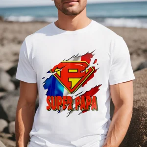 Lebonshirt® T-shirt Premium Homme Coton Bio - Super Papa, Drapeau France, Cadeau Idéal Pour Papa Héro - L100522S27