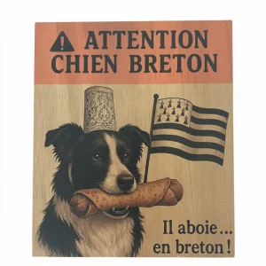 🐾 Plaque en bois « Attention Chien Breton » – Il aboie… en breton !