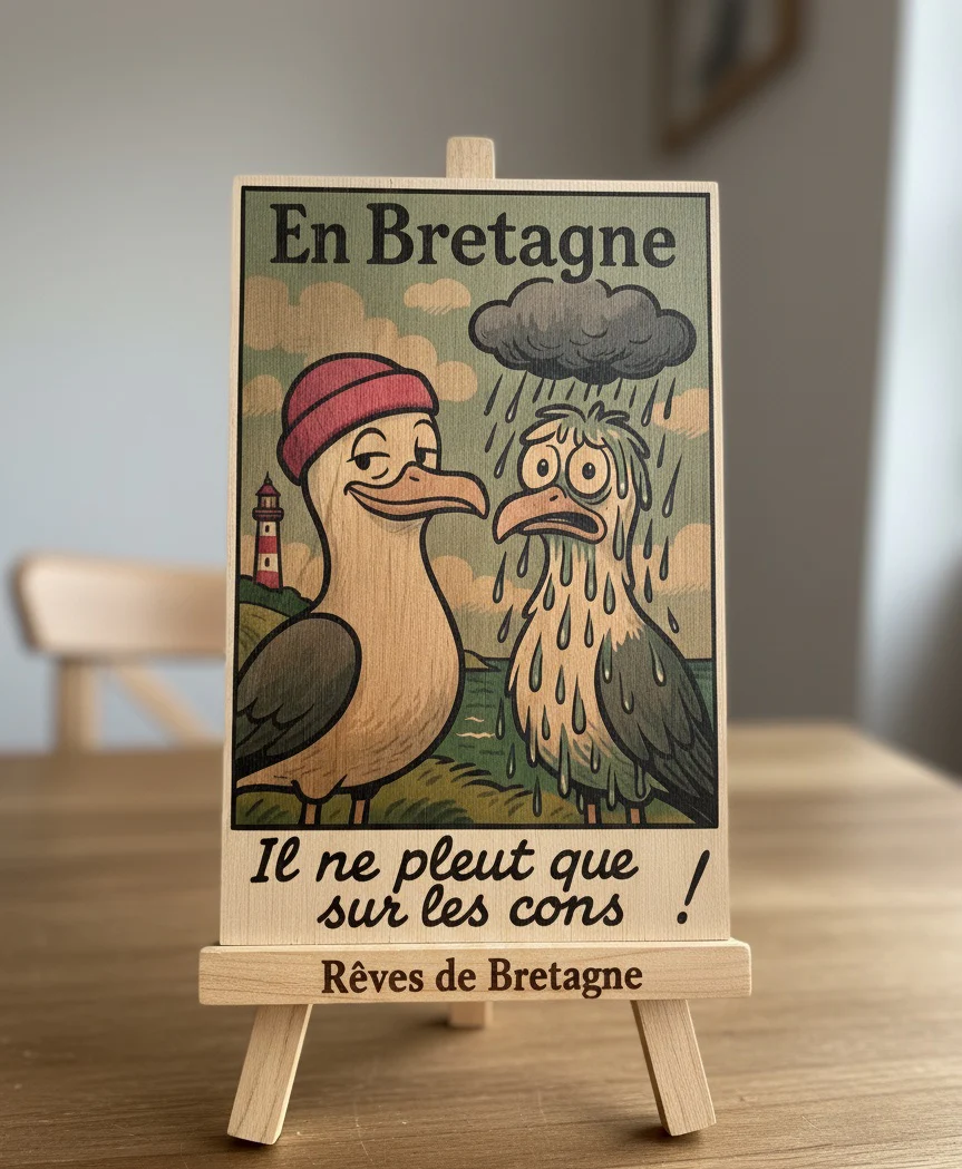 Plaque décorative bretonne “Il ne pleut que sur les cons” – Goélands humoristiques – Image 2