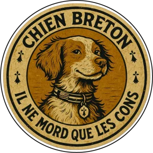 Autocollant rond "Chien Breton – Il ne mord que les cons" (Version Vintage)