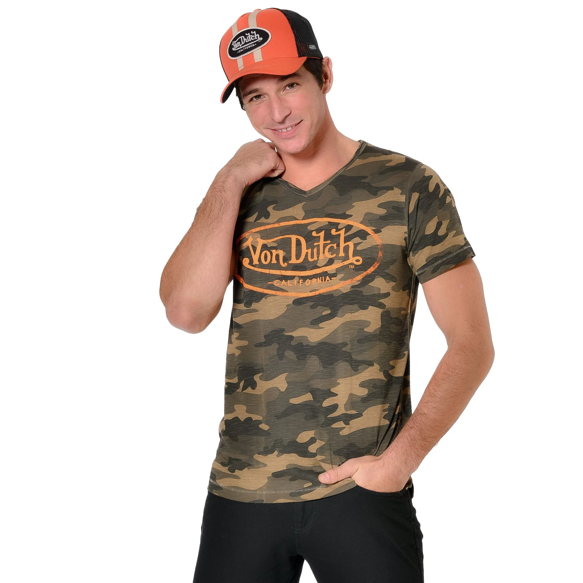 Tee Shirt Homme Von Dutch Col V Manches Courtes RON/CKO-Camouflage – Image 4