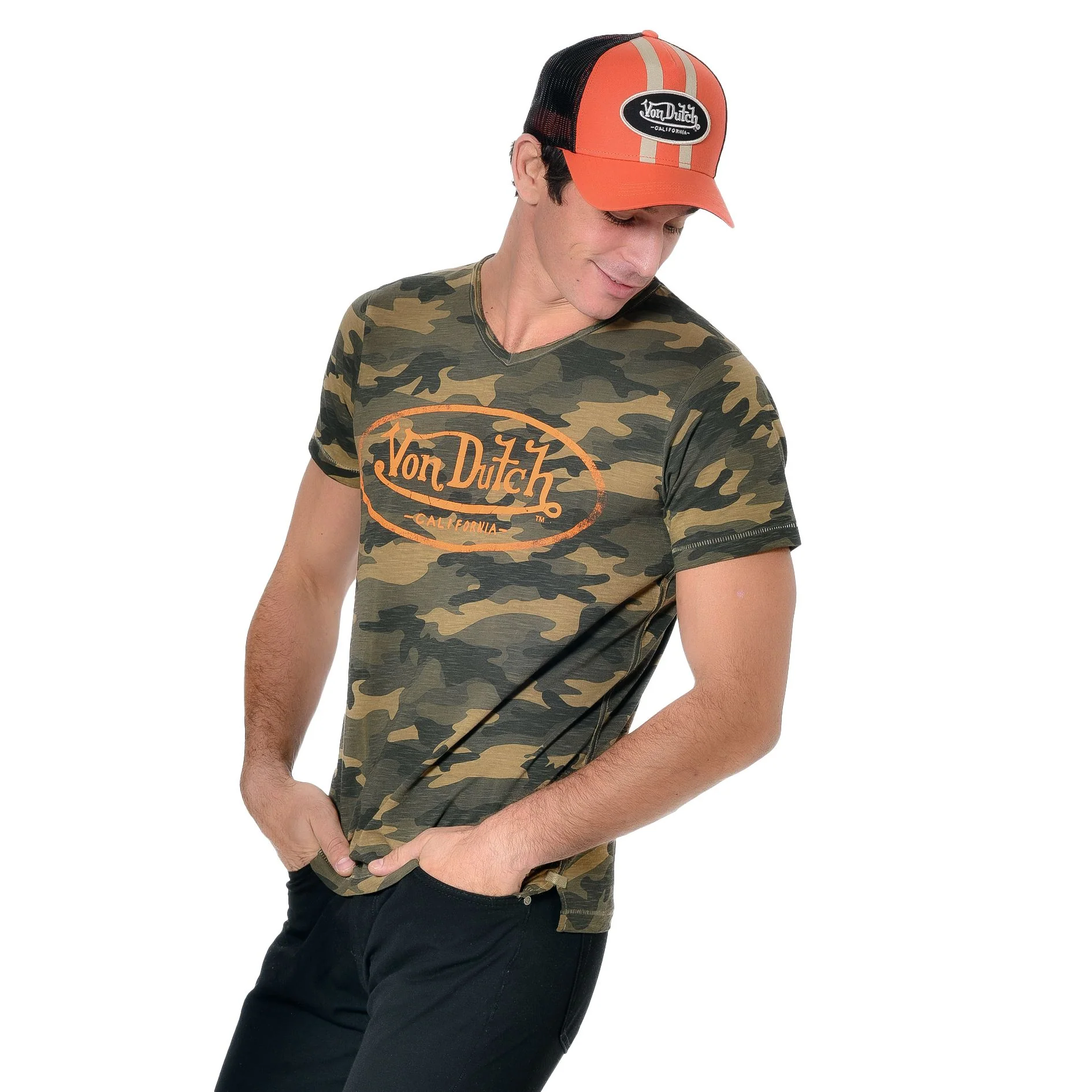 Tee Shirt Homme Von Dutch Col V Manches Courtes RON/CKO-Camouflage – Image 2