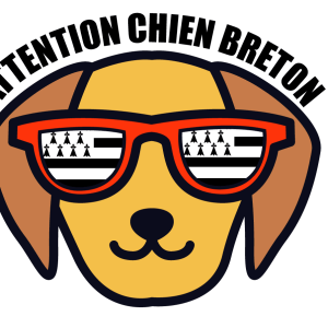 Autocollant Attention Chien Breton - lunettes et drapeau breton - 10x7,6 cm